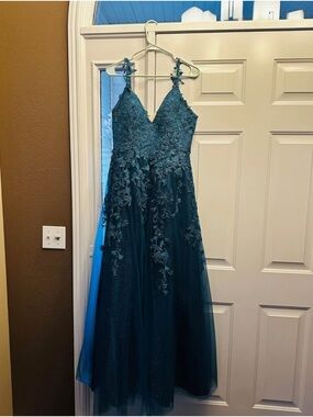 Teal Lace Appliqué A-Line Gown